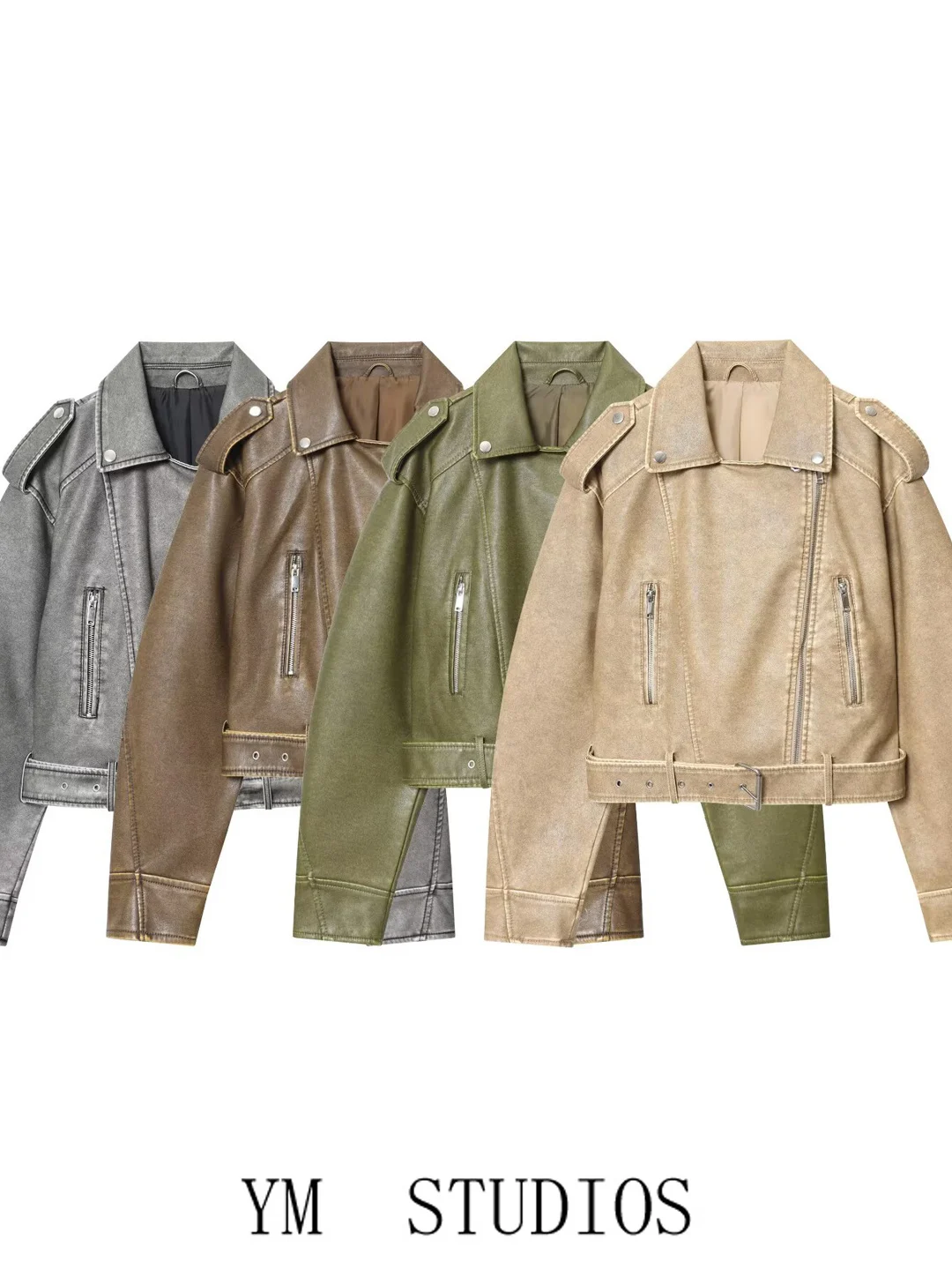 

Retro Biker Style Short Waist Belted PU Leather Jacket Women's American Flip Collar Washed Leather Coat Outerwear