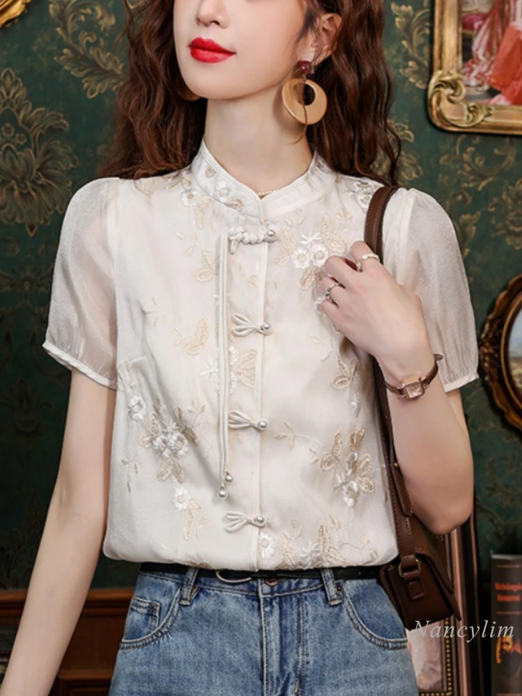 

New Chinese Style Embroidery Chiffon Shirts and Blouses Women's Clothing 2024 New Summer Temperament Short Sleeve Top