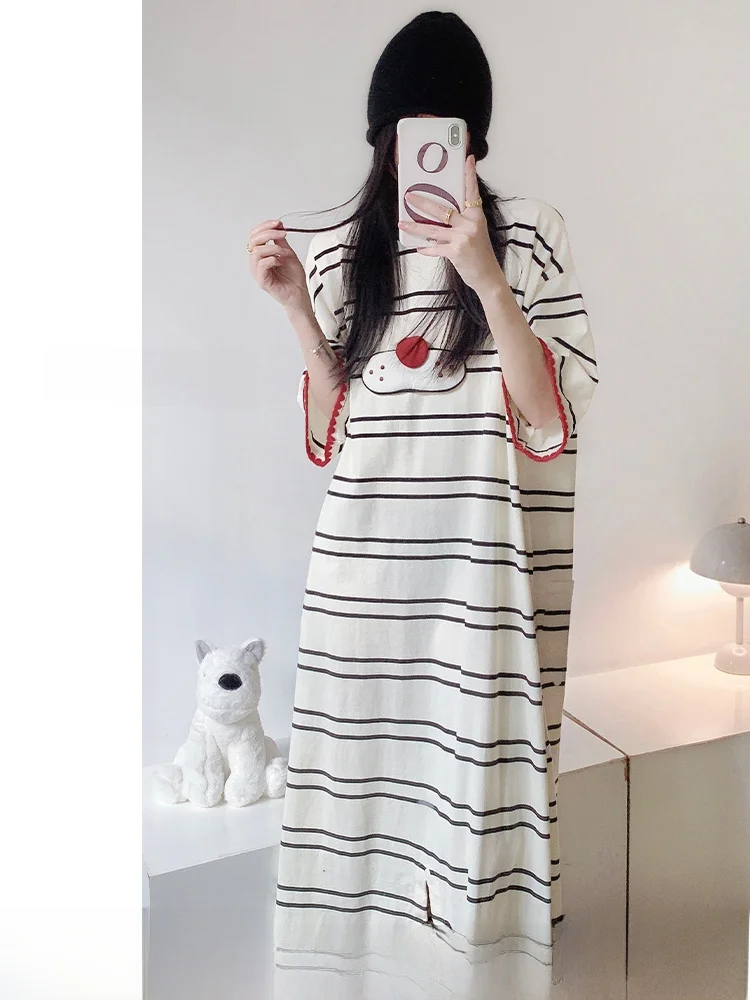 

Cool Cartoon Stripes Korean Sle ort Sve Onesie Spwear Women's Summer Large Size Dr Home Clothes Nightgown