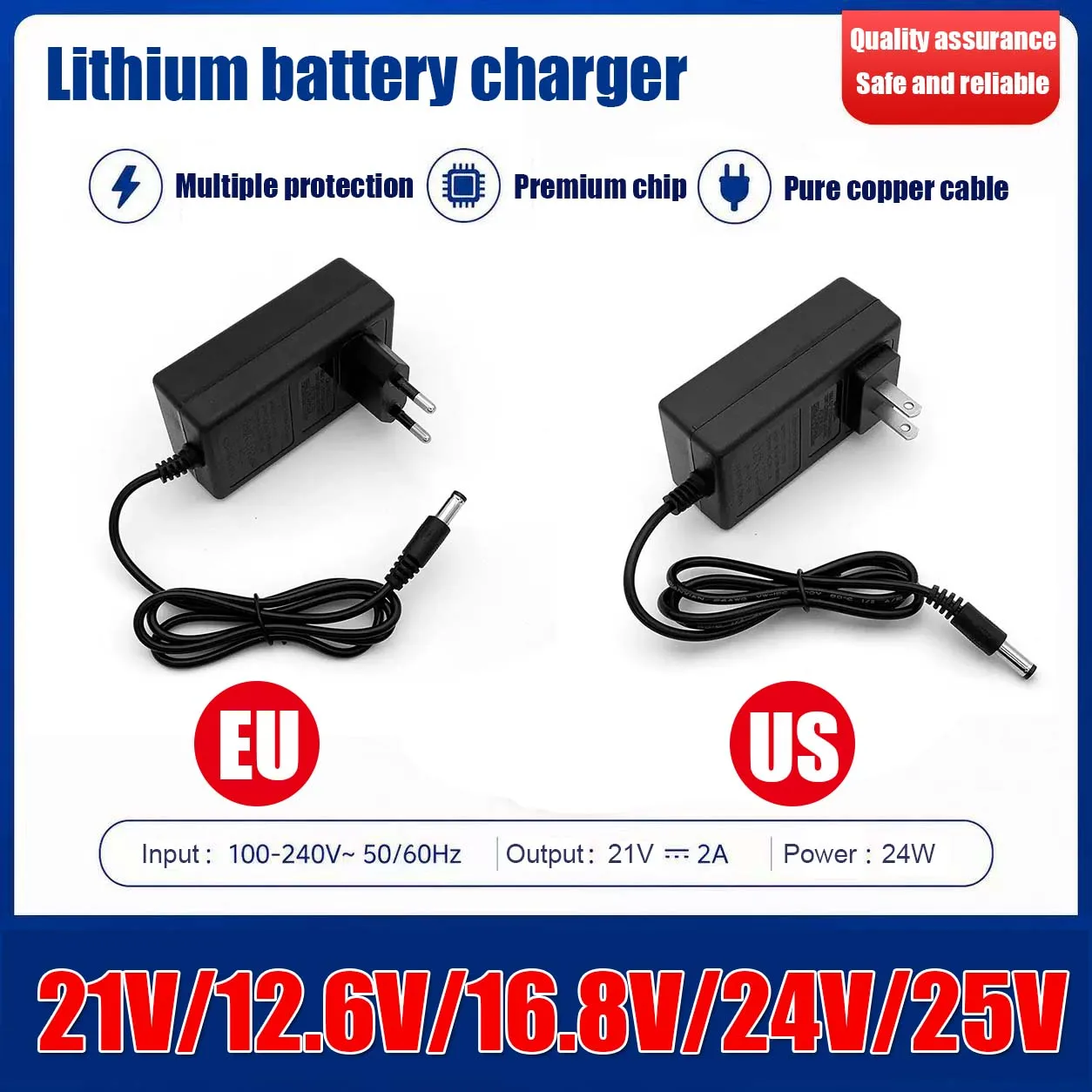 

DC 21V 2A Lithium Battery Charger 12.6V 16.8V 24V 25V 1A For 18V Electric Drill Intelligent Power Tools Transformer EU Us Plug