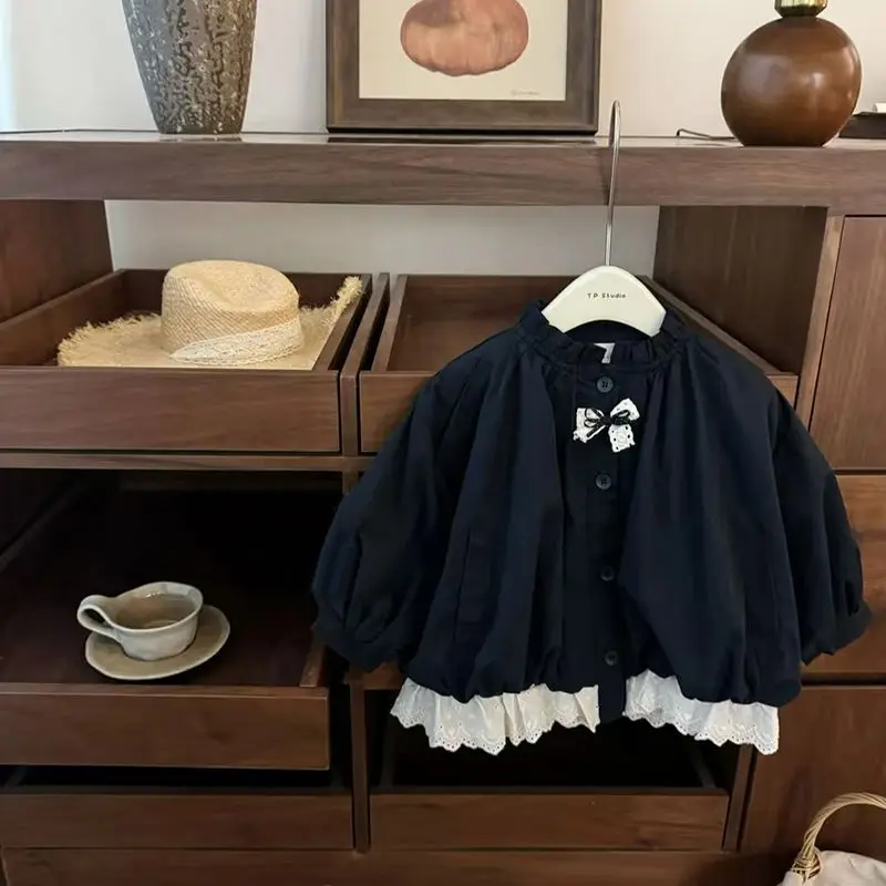 80-140cm Baby Girls' Autumn Coat Fashion New Style Children's Lace Splicing Jacket Top