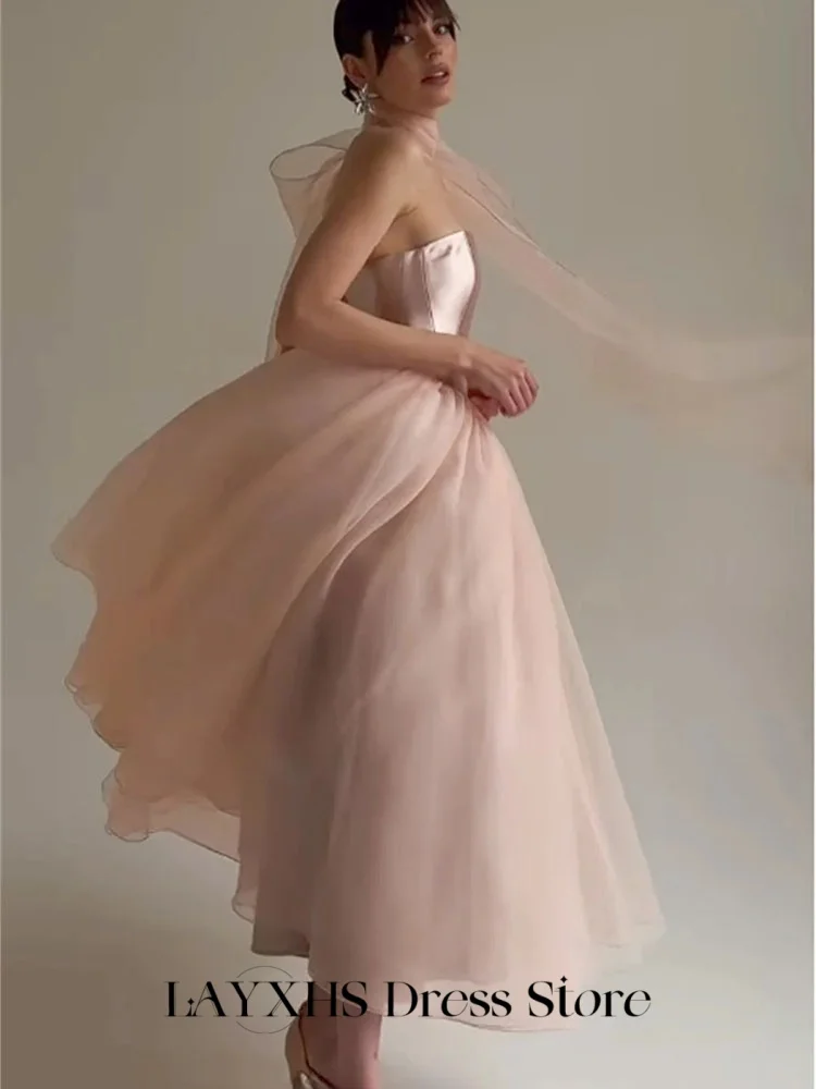 

LAYXHS Fashion Evening Dresses Pink Strapless A-Line Tulle Corset Bow Prom Dresses Customized robes de soirée