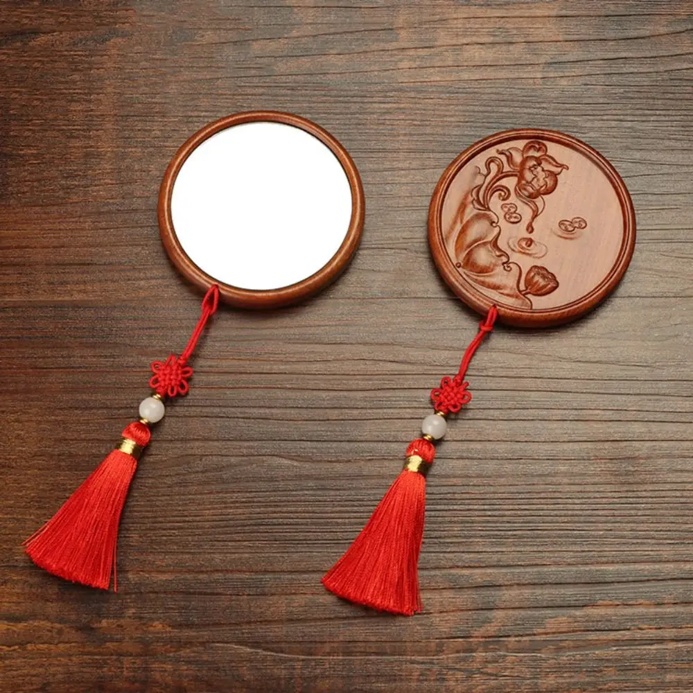 with Tassels Makeup Mirror Mini Sandalwood Vanity Mirror Plum Blossom Chinese Ancient Style Cosmetic Mirror Makeup Tool