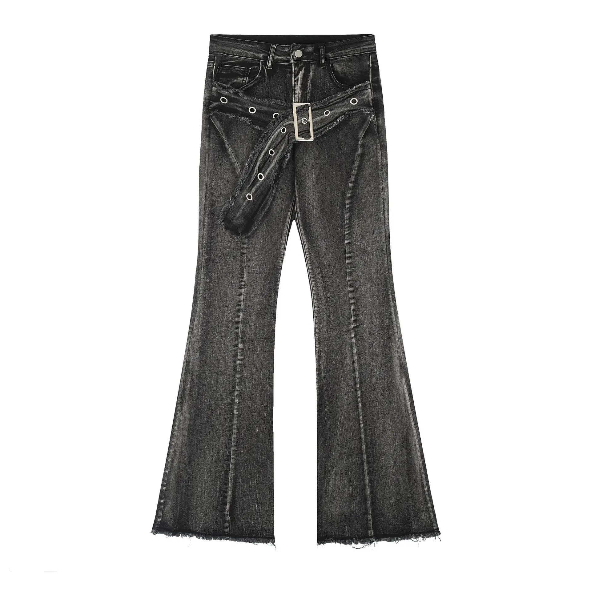 New Retro Micro-flare Women Jeans Fashionable Streetwear Hot Girl Style Belt Bristled Design Trousers Slim Straight Denim Pants