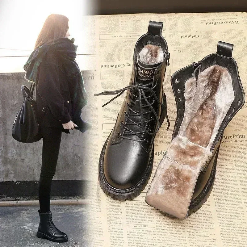 Wasserdichte Winter Schneeschuhe Frauen 2024 plus Samt dicke Baumwolle Damenschuhe schwarz Leder warme Plattform Damen Stiefeletten