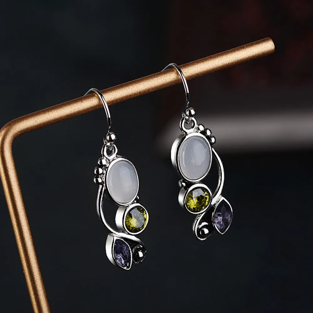 WOSIKATE Vintage 925 Sterling Silver Moonstone Earrings For Women Colorful Zirconia Gemstone Drop Earrings Fashion Jewelry
