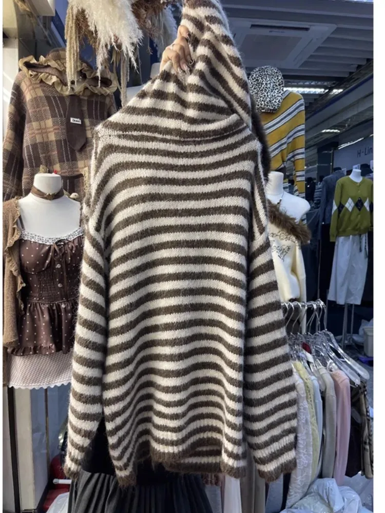 مقنعين سترة جاكيتات النساء الخريف الشتاء الملابس لينة Sueter Mujer بسيطة الكورية موضة سحب فام سترة مخططة غير رسمية