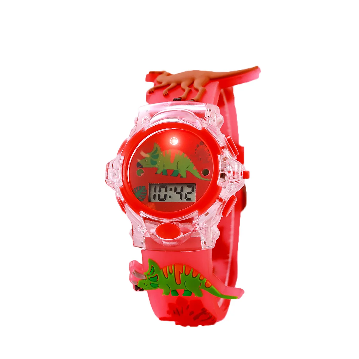 

Cute cartoon dinosaur patterned light-emitting watch with transparent case and silicone band, digital watch, suitable for Christ