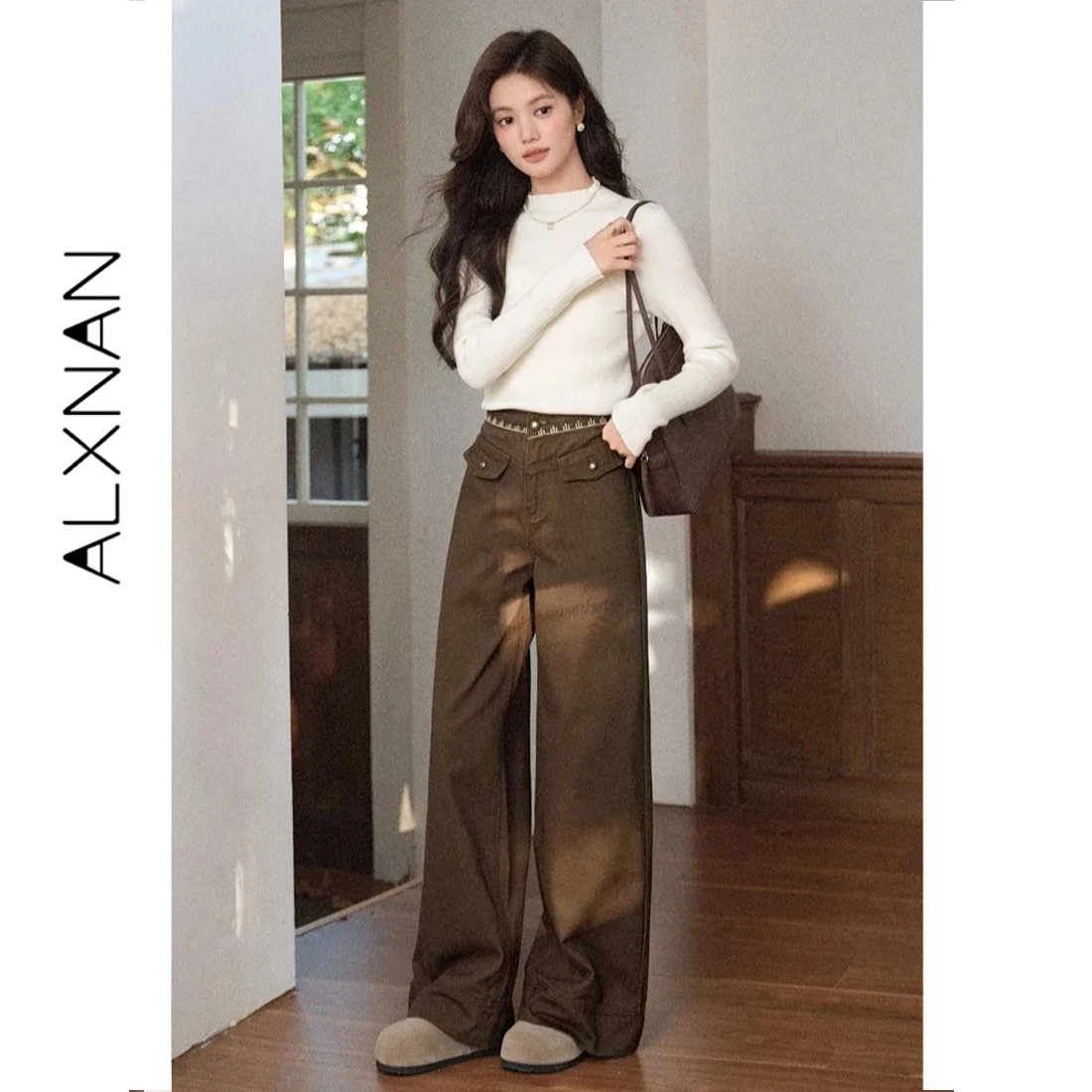 

ALXNAN Women's Winter Fleece Jeans Vintage Straight Wide-leg Cotton 100% Embroidered Baggy Jeans Casual Fashion Trousers L57962