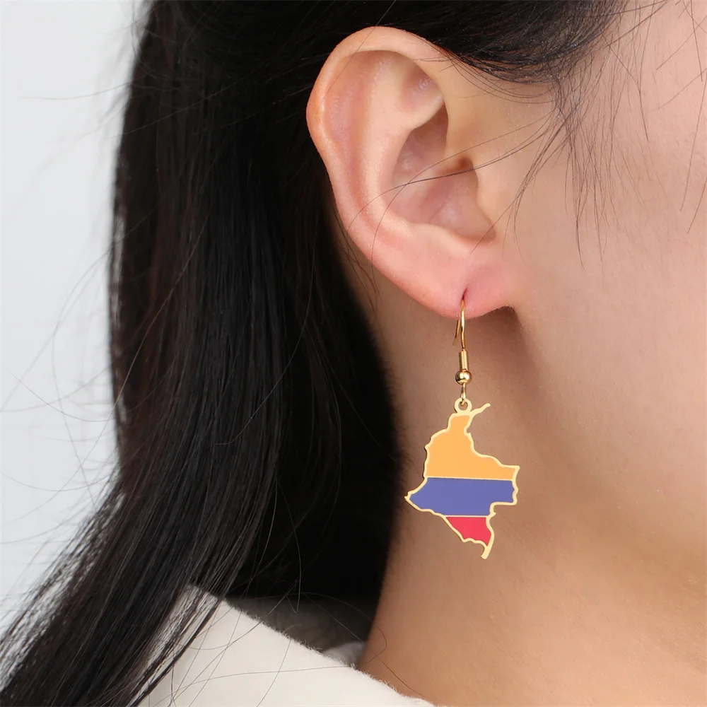 Pendientes colgantes con mapa de Columbia esmaltado EUEAVAN para mujer, tendencia de acero inoxidable, bandera de Colombia, joyería étnica, pendientes de regalo