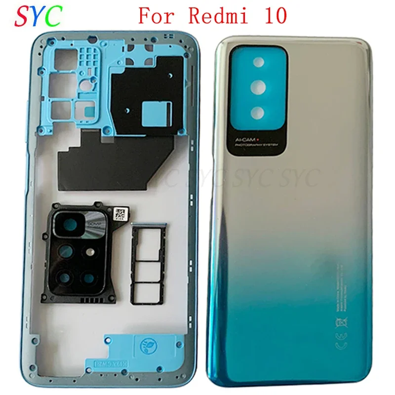 

Back Door Battery Cover Housing Case For Redmi 10 Rear Cover with Middle Frame Sim Card Tray Logo Repair Parts