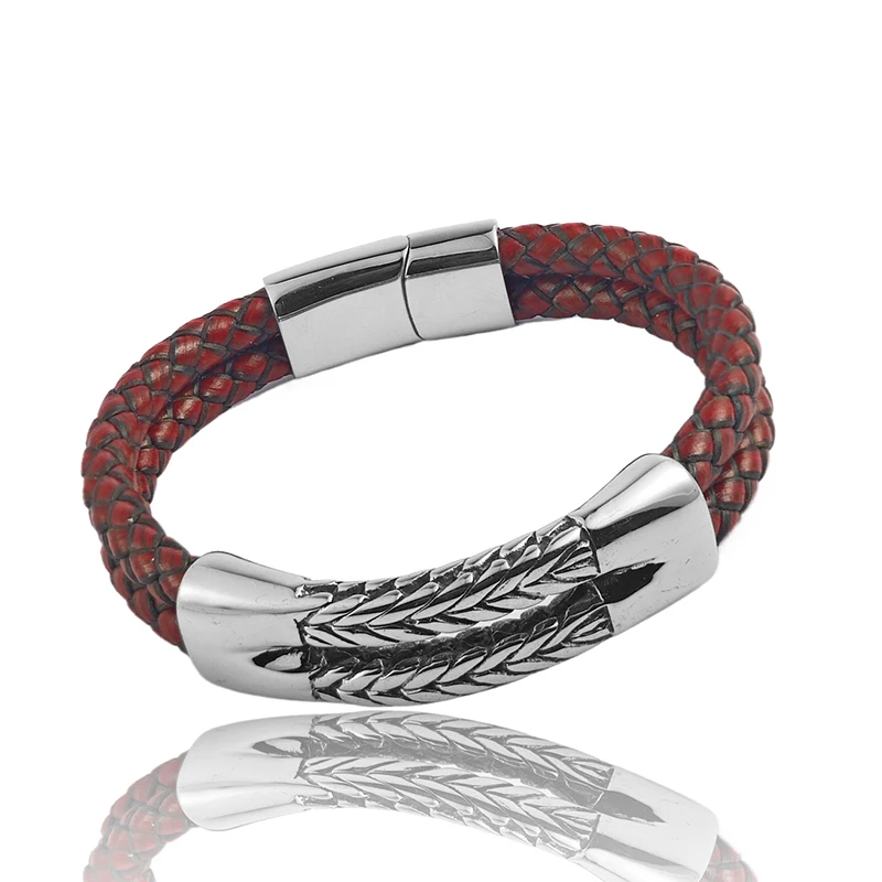 Luxuriöses Retro Doppel-Lederarmband für Herren Kubanische Kornstruktur Ohrförmige Kette Armband Edelstahl Schmuckarmband Geburtstagsgeschenk – Detail 6