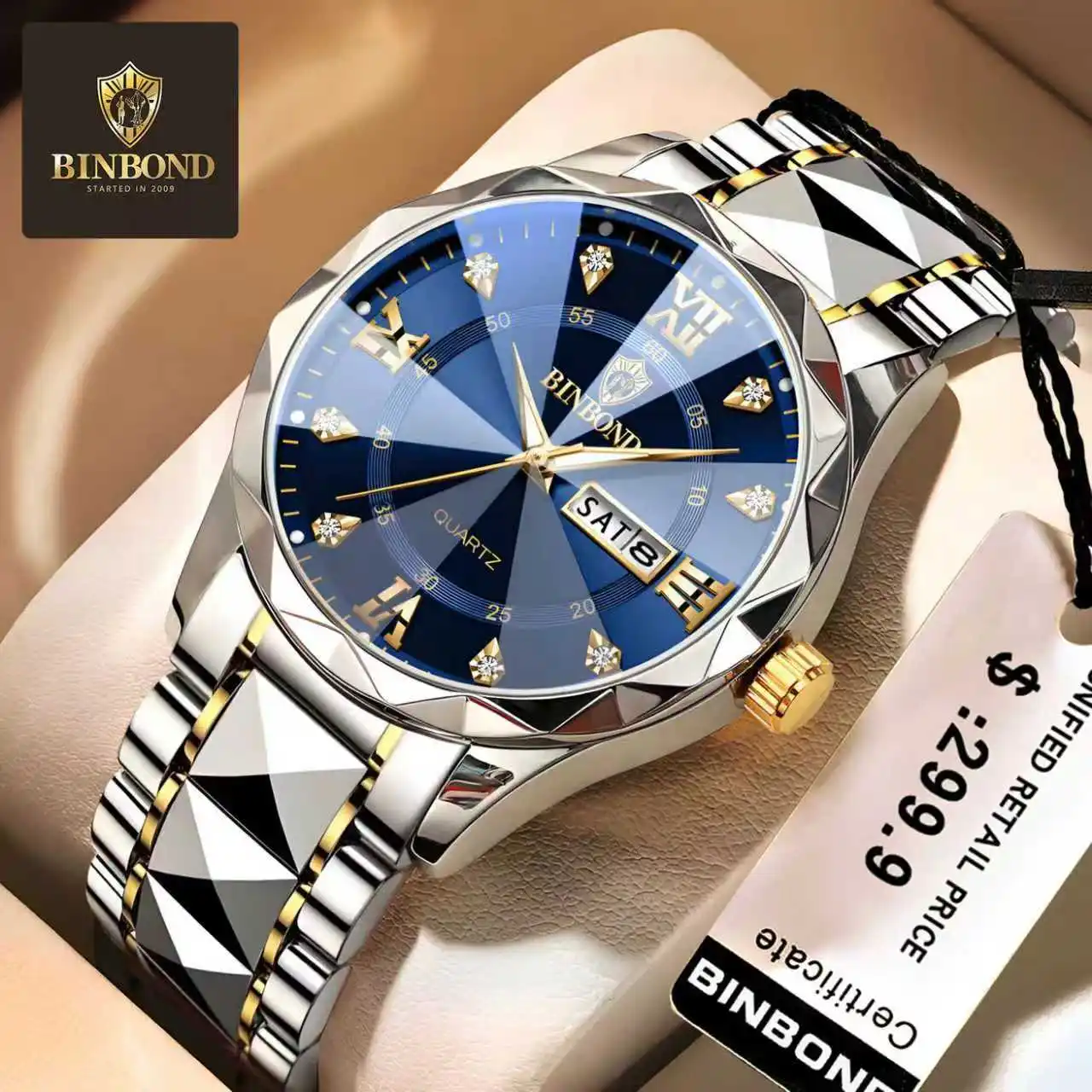 Binbond 2521 relógio masculino de moda de luxo à prova d'água luz noturna relógio de calendário duplo relógio de quartzo masculino ponta de diamante vidro