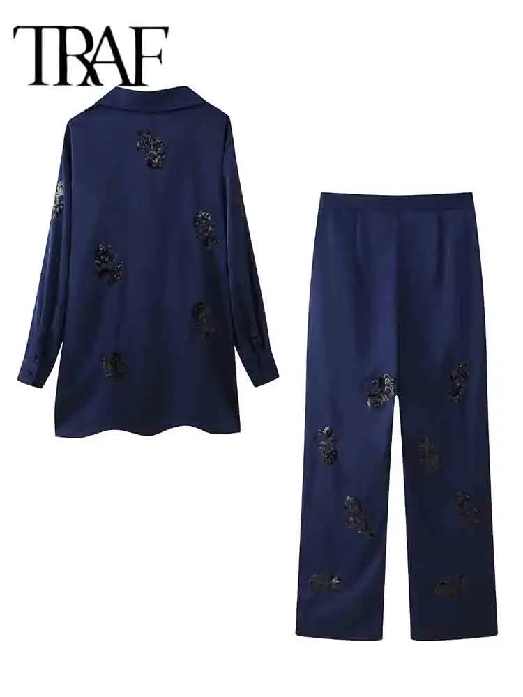 TRAF Sequin Pants Sets For Women 2 Pieces 2024 New Fashion Satin Kimono Coat Women's Suit Elegant Two Piece Set Women Outfit