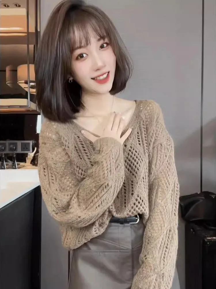 Spring Autumn Thin Long Sleeve V-Neck Hollow out Knitted Sweater Women Early Autumn Loose Slimming Lazy Style Long Sleeve Top...