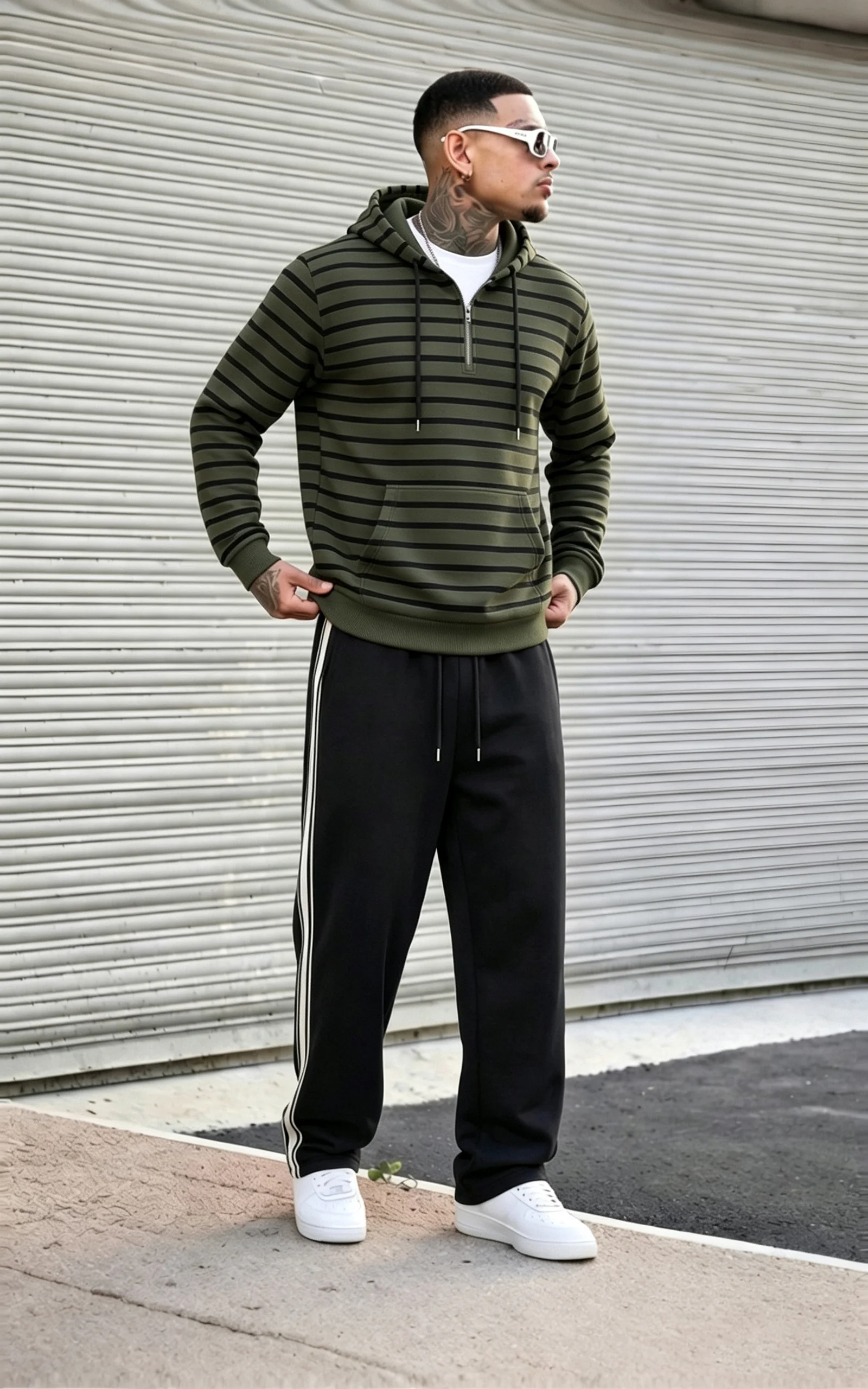 Men's 2Pcs Striped Half-Zip Hoodie Set, Hoodie & Side Stripe Sweatpants, Casual Outfit for Fall Winter, Holid