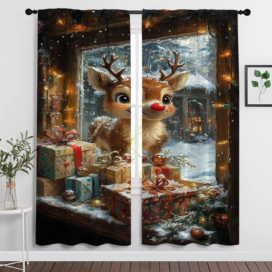 2PCS Christmas Winter Curtains, Red Nose Reindeer Window Gift, Digital Print, Bedroom Living Room, Home Decor Window Drapes