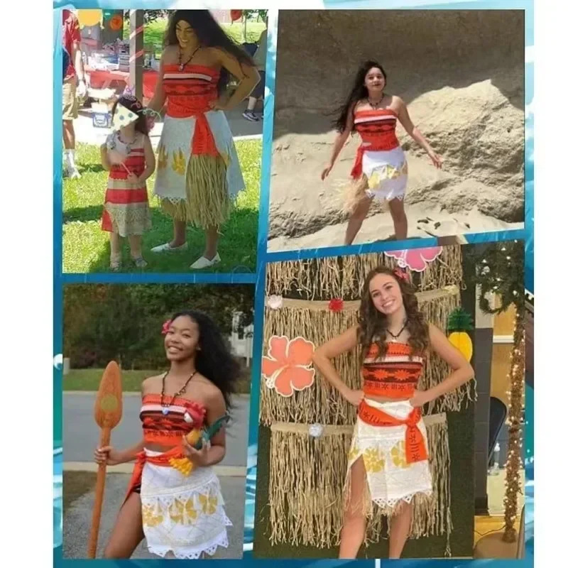 Kids Adult Women Moana Holiday Costume Movie Show Tops Skirt Suit Child Cosplay Vaiana Dress Outfit Necklace Wigs For Baby Girls