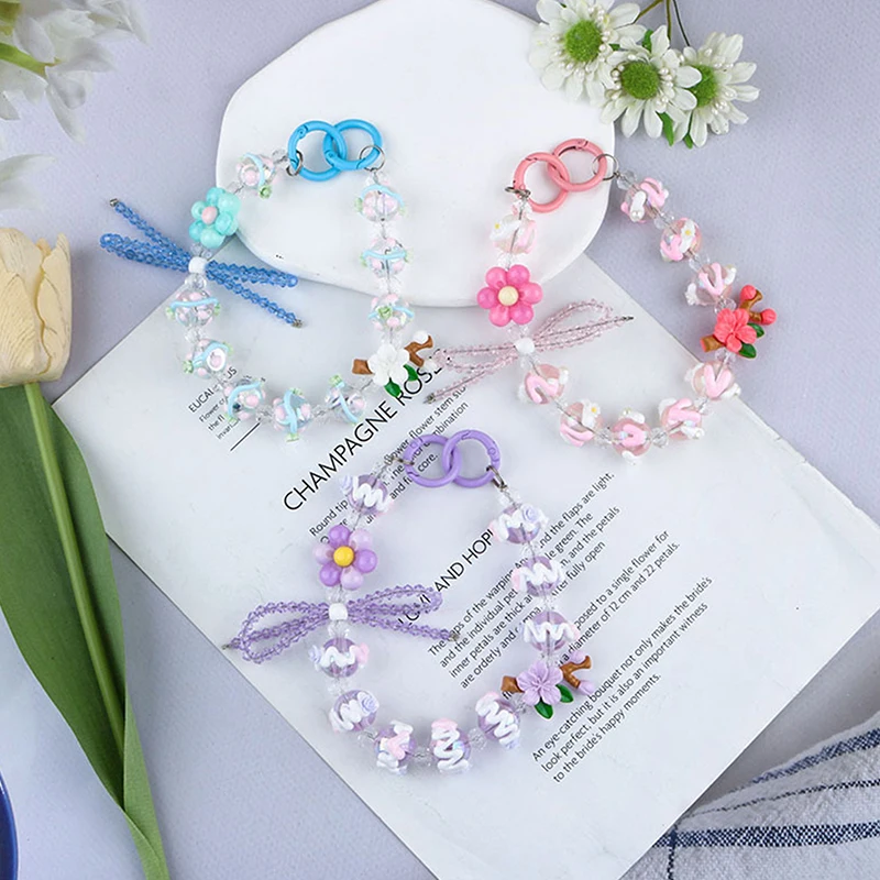 Anti Loss Mobile Phone Strap Wrist Chain Plum Blossom Hand Drawn Beaded Keychain Pendant Bag Hangings Decoration