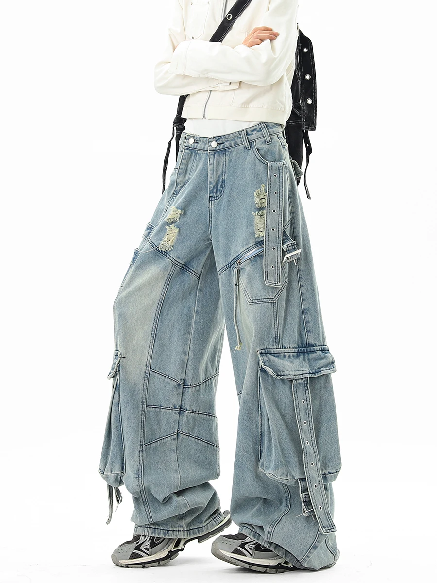 High Street Men Jeans Solid Color Three-dimensional Pocket Adjustable Belt Casual Denim Straight Male Cargo Trousers