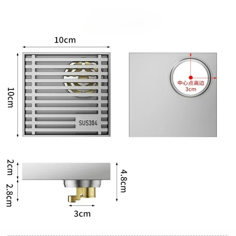 SUS 10x10cm Rustproof Durable Floor Drain Grey & Brushed Tile Insertable Eccentric Offset Floor Drain Anti-odor Misaligned Sewer