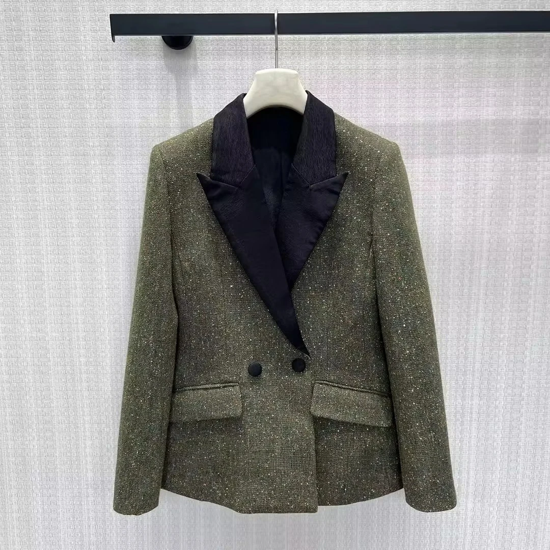 Vintage Fancy Green Tweed Blazer Jacket Women Spliced Notched Long Sleeve Buttons Casual Slim Fit Autumn Suit Coat
