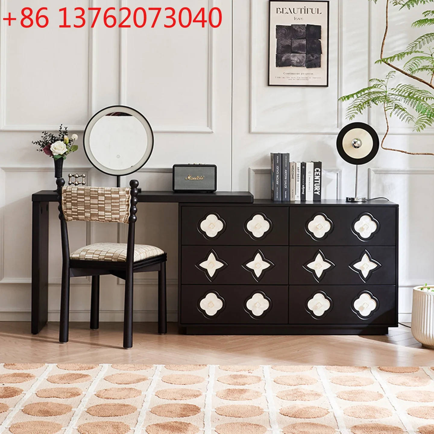 French four-leaf clover shell dresser with makeup mirror solid wood chest integrated