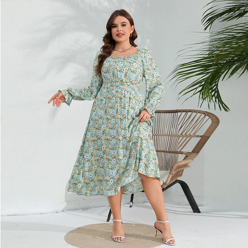 

Spring new elegant floral dress, lotus leaf sleeves large size fat sister long dress high-end temperament elegant classic women'