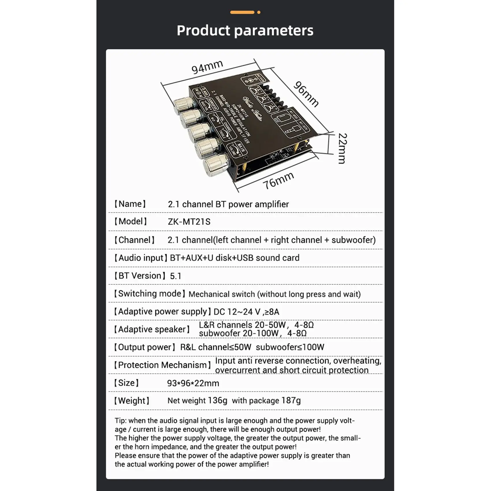 BAAY ZK-MT21S 2X50w+100W 2.1 Channel Subwoofer Digital Power Amplifier Board AUX 12V 24V Audio Stereo Bluetooth 5.1 Bass