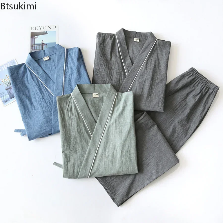 Pyjama Kimono Japonais pour Homme, Ensemble Deux Pièces Doux, Haut et Pantalon à Lacets, Vêtements de Nuit Décontractés, 2025