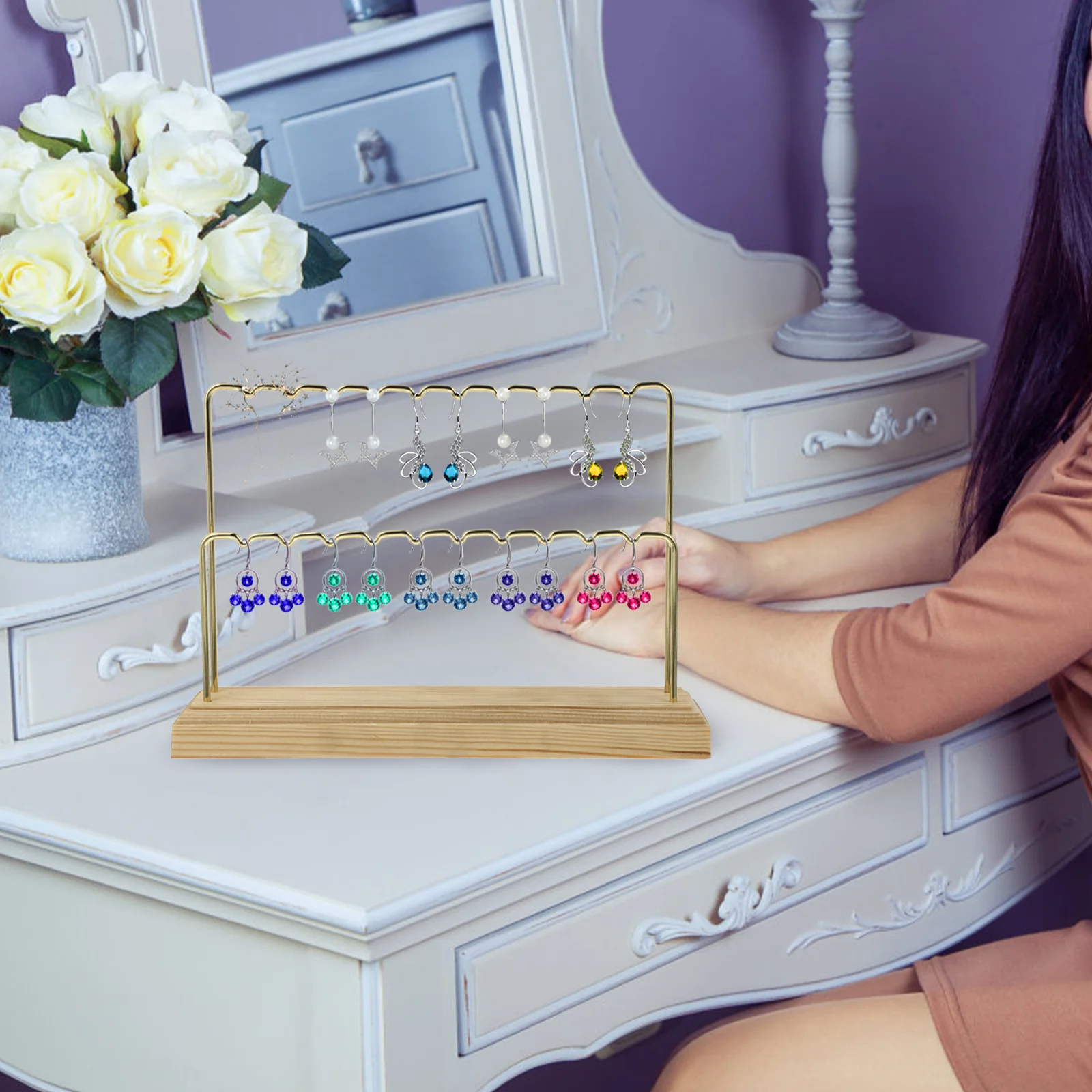 

Earring Display Stand Wood Base Jewelry Holder Organizer Rack Sturdy Non-Slip Modern Decorative Bedroom Dresser Table Storage