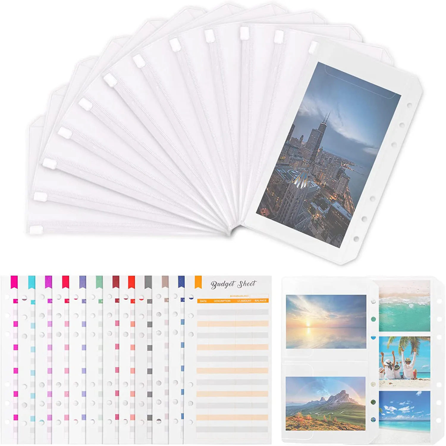 26 Pieces A6 Clear Budget Binder Zipper Pockets Plastic 6 Holes Loose Leaf Bag, for Document Folder Notebooks and Cards Pouches