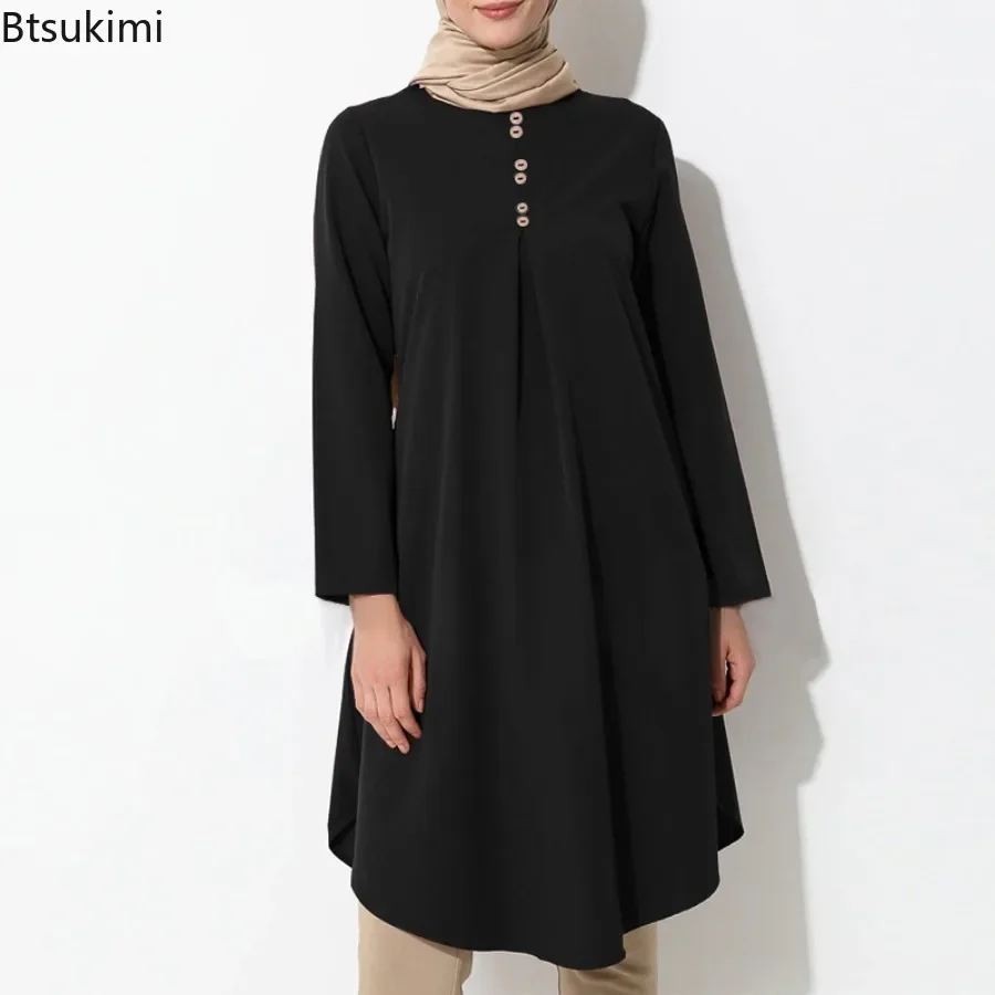 2024 New Muslim Long Sleeve Shirt Dress for Women Solid Elegant Islam Prayer Abaya Arab Casual Tops Modest Robe Blusas De Mujer