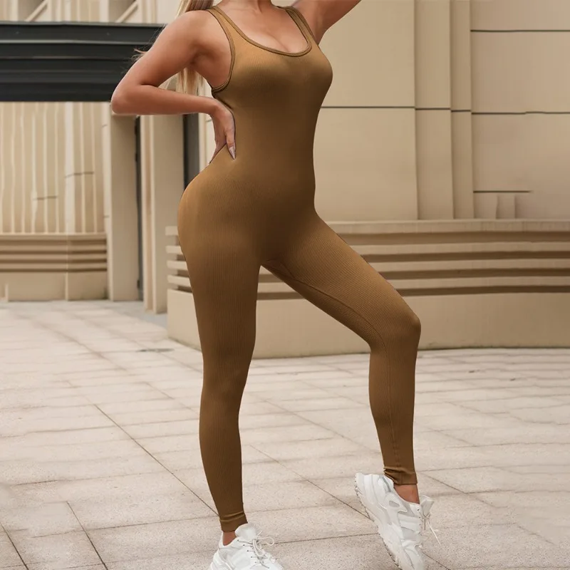 Women's Tracksuit Yoga Set Seamless Jumpsuits Ribbed One Piece Fitness Rompers Sleeveless Sportswear Gym Set Workout Clothes
