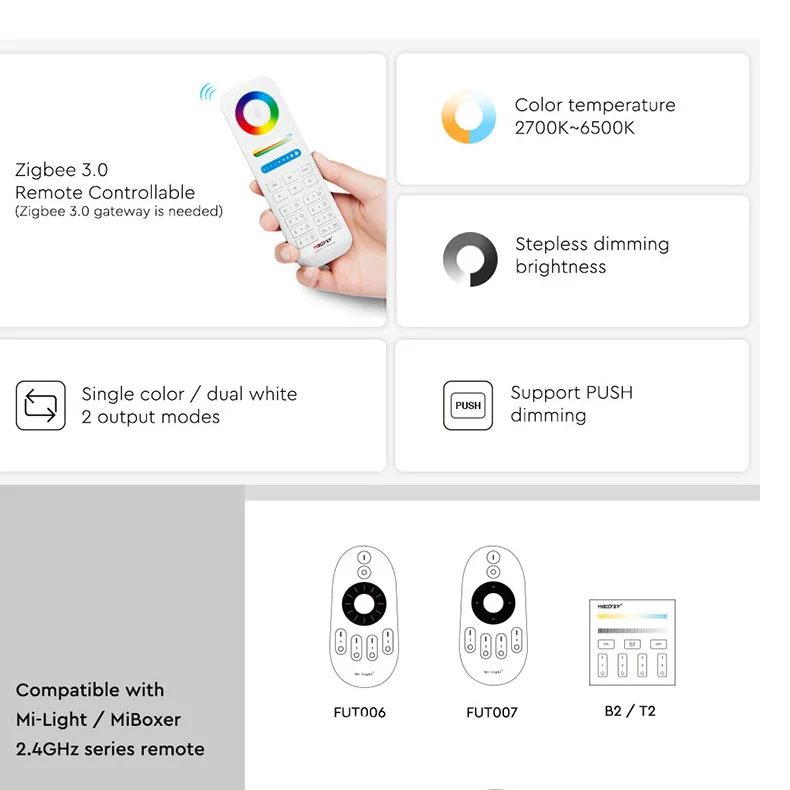 MIBOXER LC2-ZR Zigbee 3.0 + 2.4G 2 przewody 2 w 1 kontroler LED podwójny biały pojedynczy kolor ściemniacz DC12 ~ 48V