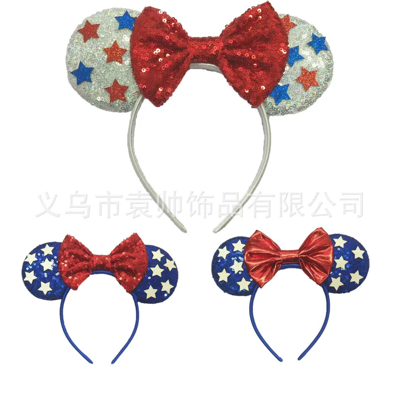 

New Disney Mickey Mouse Headband Cute Hair Accessory Star Sequins Headpiece Bow-Decorated Hairpiece Girls' Gift