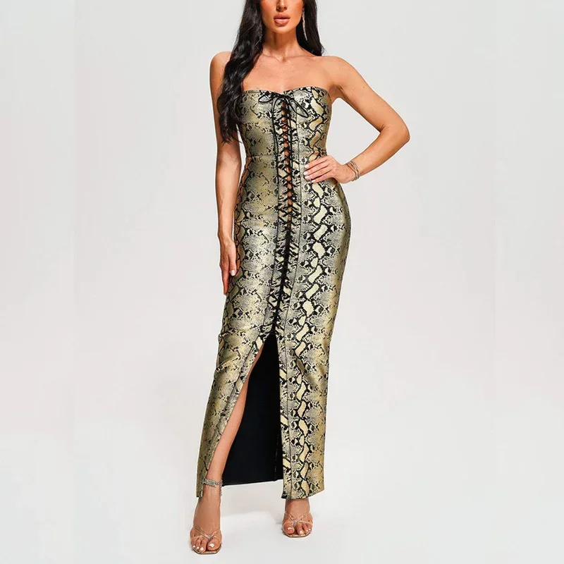 Python Pattern Tight Long Dresses Women Hot-selling Gold-stamped Bandage Sexy Slit Clothing Tube Top Style Tied Ropes Hot Ladies