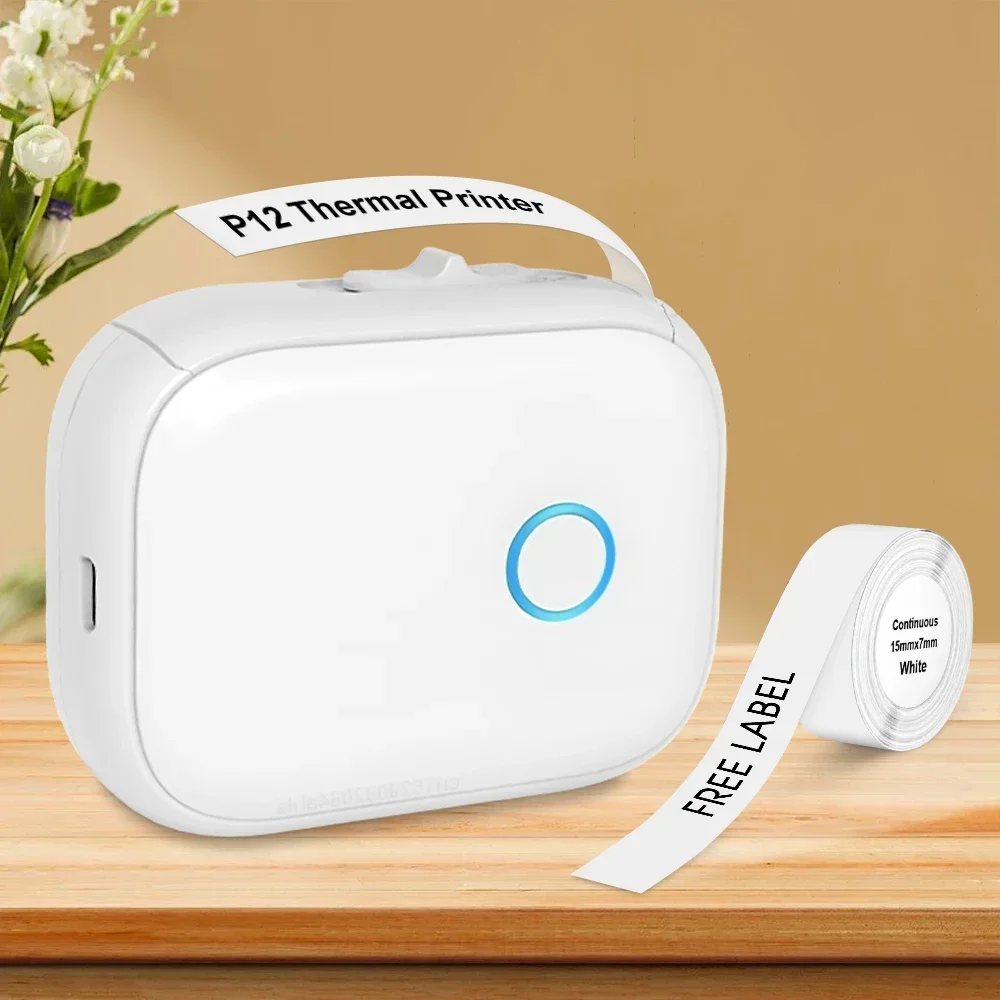 Portable Adhesive Label Printer P12 Mini Label Machine Bluetooth Inkfree Printing Pocket Printer or 3PK Label Continuous Sticker