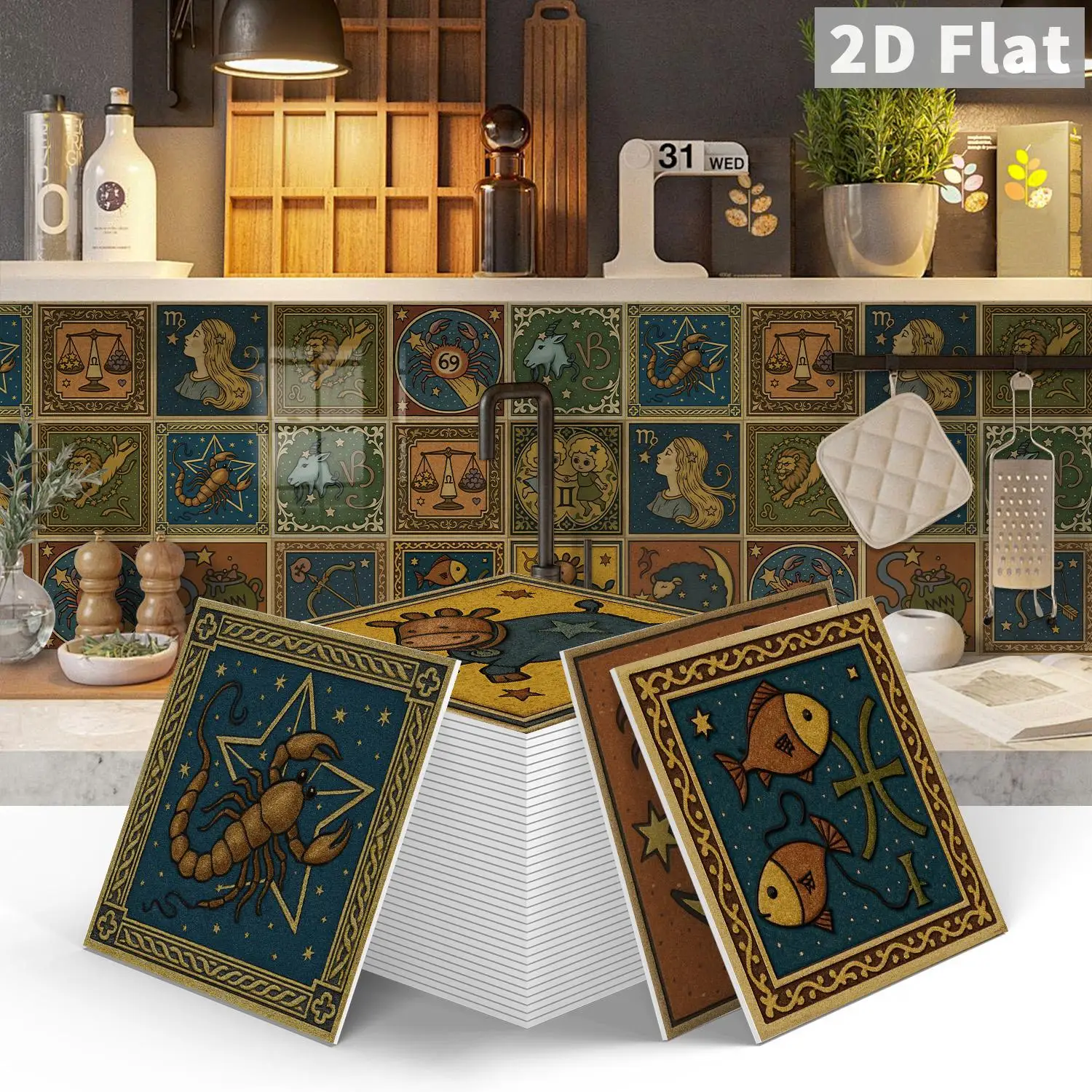 Retro Zodiac Sign Tile Wall Sticker 15x15cm, Peel & Stick Astrology Square Decor for Living Room Bedroom