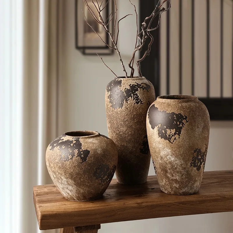 Jarrón de cerámica estilo Wabi Sabi de Jingdezhen, arreglo floral para sala de estar, flores secas, decoración retro de jarrón de cerámica, adornos.