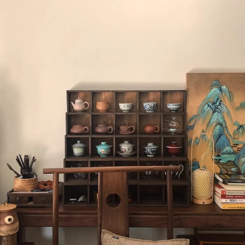 

Multi-function Storage Cabinet Cups Organizer Solid Wood Tea Set Storage Shelf Grid Ladder Teapot Display Rack
