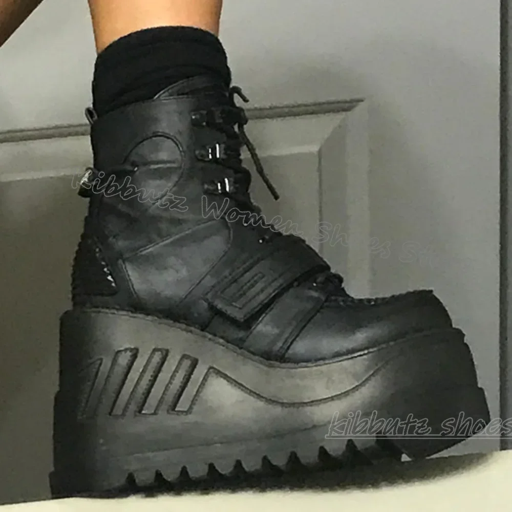 

Gothic Sneaker Motorcycle Ankle Boots Round Toe Thick Bottom Leather Solid Color Lace-Up Fashion Elegant Concise Women Shoes New
