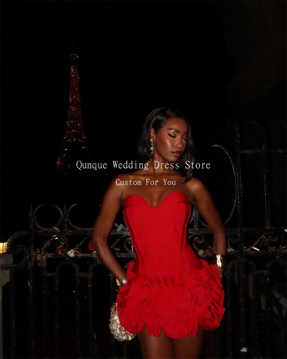 Qunque Abiti da cocktail da donna di lusso Sweetheart Black Girls Mini abiti da ballo per compleanno Fiori 3D Robes De Soirée personalizzati