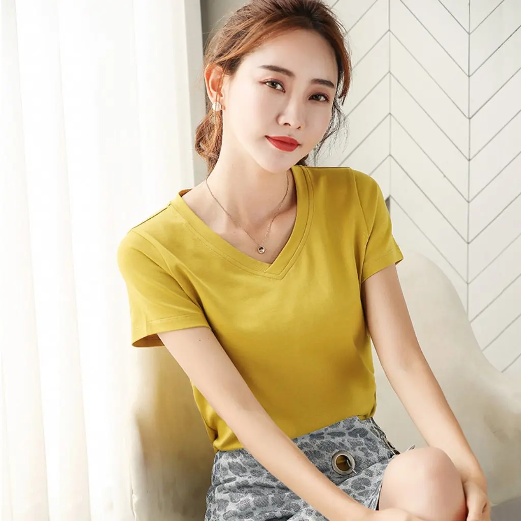 

Женская облегающая однотонная футболка с короткими рукавами и v-образным вырезом, белая базовая рубашка, простой дизайн для повседневной носки