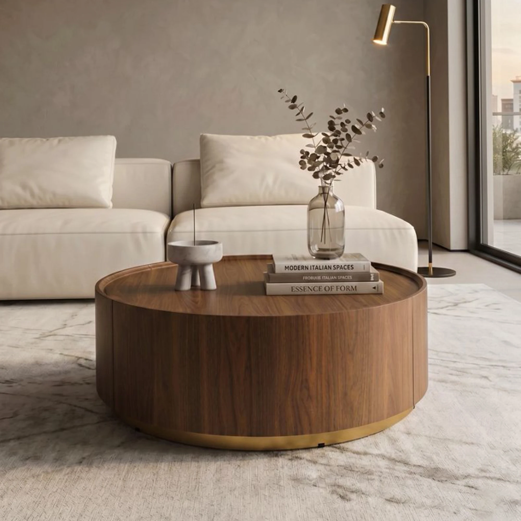 Modern Round Coffee Table with 2 Hidden Storage Drawers, Walnut Wood Finish Drum Circle Coffee Table with Storage