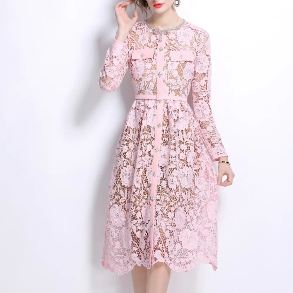 Elegant O-neck Vintage Lace Embroidered Rhinestone Chic Hook Flower Hollow Slim Dress French High Street Evening Autumn Clothing