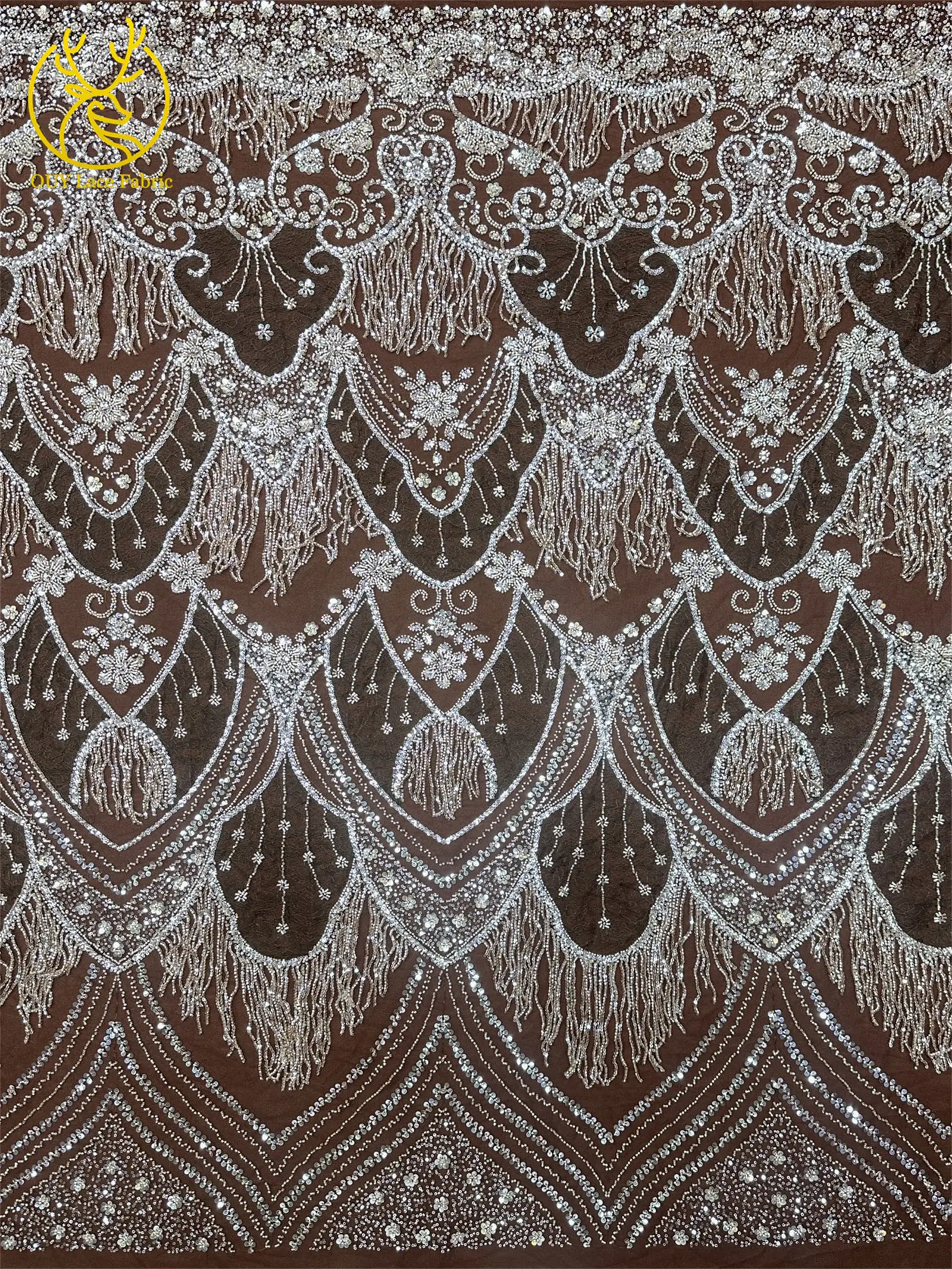 Neues Design 3D Laser Quasten-Perlen-Spitzenstoff Luxuriöser Hochwertiger Afrikanischer Pailletten-Spitzenstoff für Damen-Abendkleider zum Nähen – Detail 6
