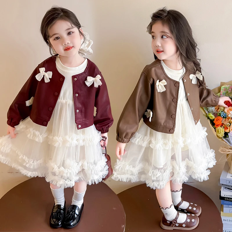 

Girls Lace Leather Jacket Yarn Skirt Set Spring and Autumn Children's Korean Version Fashion Girls Two-piece Set 2025 New