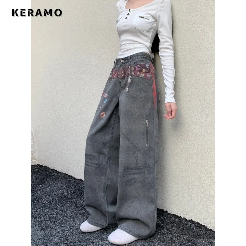 Women's Casual Retro Wide Leg Denim Trouser Harajuku Baggy Emo Appliques Jeans 2025 Winter High Waist Y2K 2000s Sweet Pants