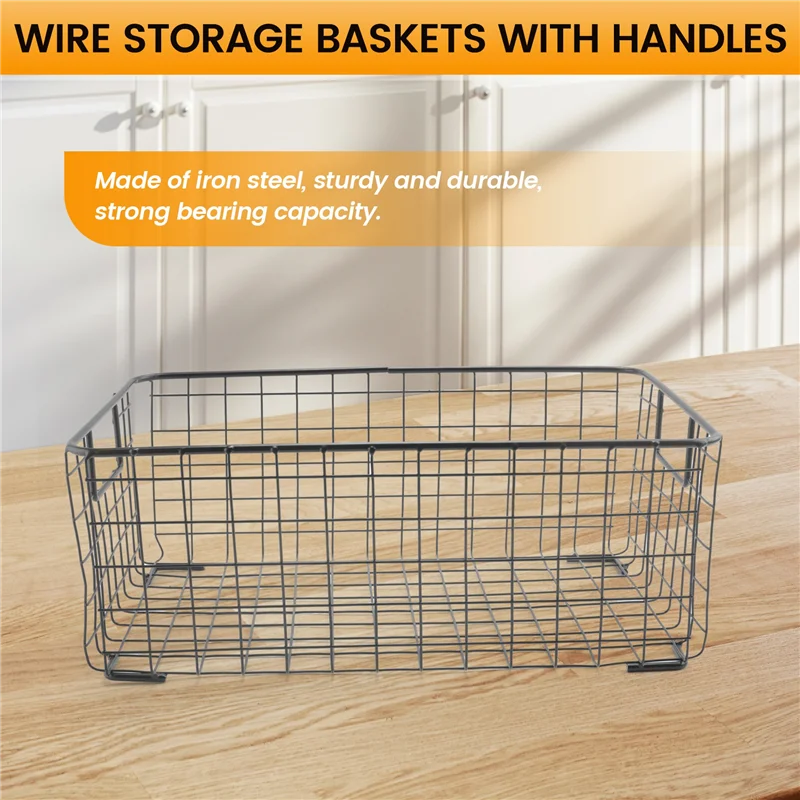 

AB09-2Pcs Wire Storage Baskets With Handles, Metal Organizer Basket Bins For Home, Office, Nursery, Laundry Shelves Organizer